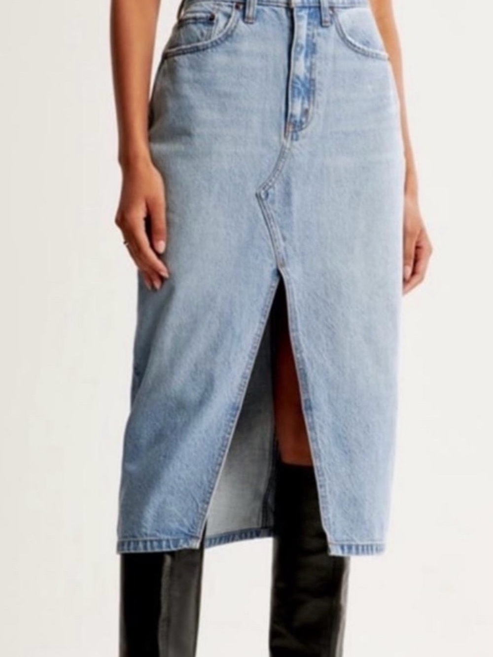 Light Wash Denim Midi Skirt with Front Slit